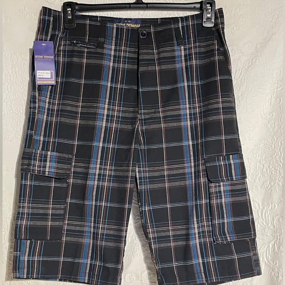 NWT Eddie Domani Men's Size 34 Shorts Black and Blue Plaid